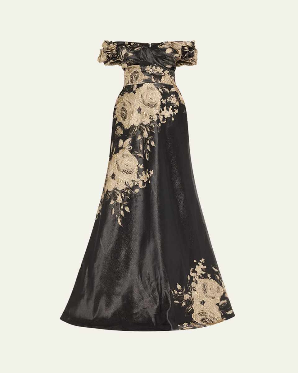 Cap-Sleeve Floral Metallic Jacquard Gown